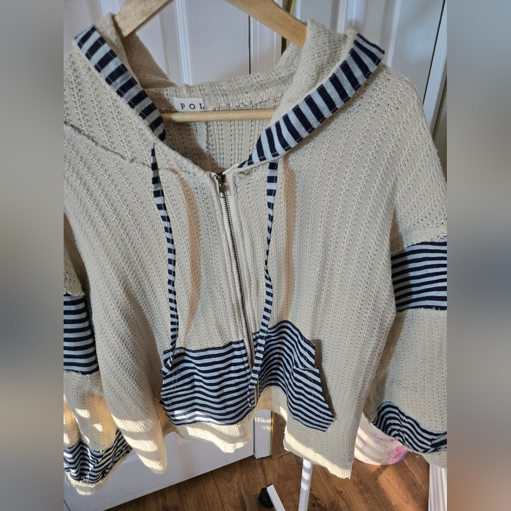 POL Cream and Navy Striped Knit Hoodie